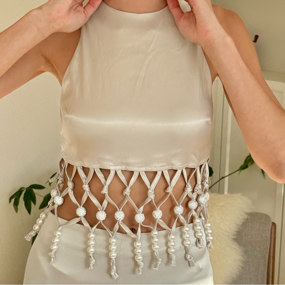 Satin Beaded Set, Blouse and Pants Piece Set.